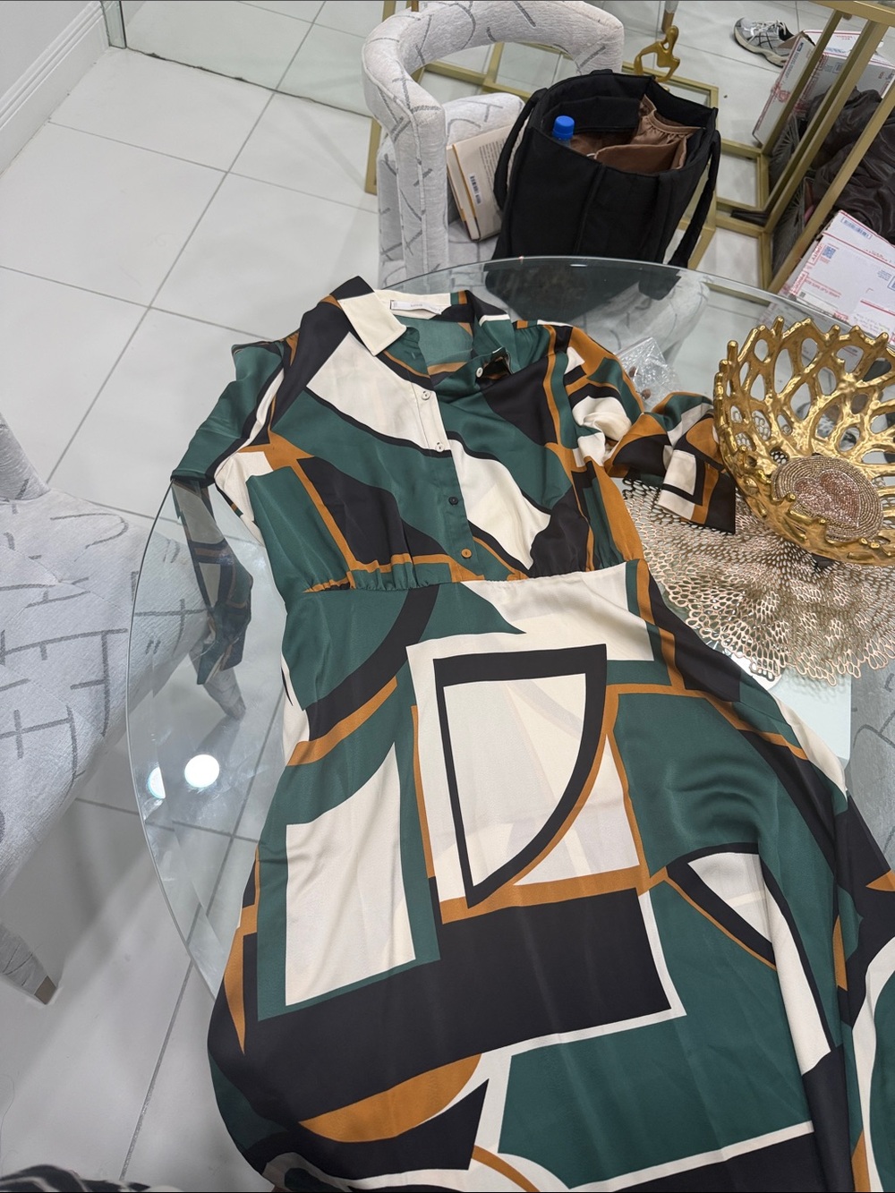 Mango Geometric Midi Shirt Dress in Green, Cream, Black and Tan